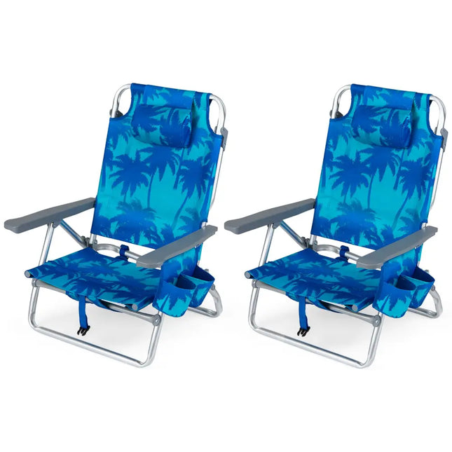 Beach Chairs Set of 2 Portable Folding Backpack Recliners with 5-Position Backrest and Padded Headrest-Blue - Blue