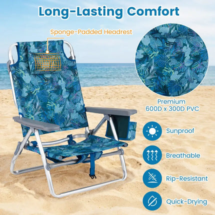 Beach Chairs Set of 2 Portable Folding Backpack Recliners with 5-Position Backrest and Padded Headrest-Peacock Blue