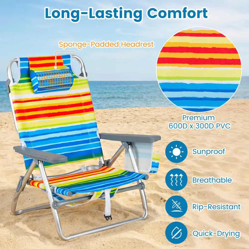 Beach Chairs Set of 2 Portable Folding Backpack Recliners with 5-Position Backrest and Padded Headrest-Yellow - Yellow