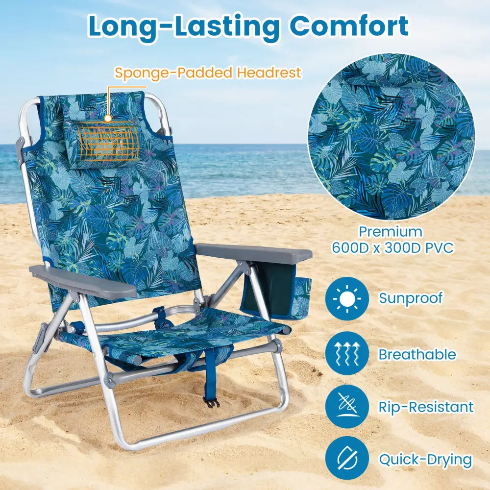 Beach Chairs Set of 2 Portable Folding Backpack Recliners with 5-Position Backrest and Padded Headrest-Peacock Blue