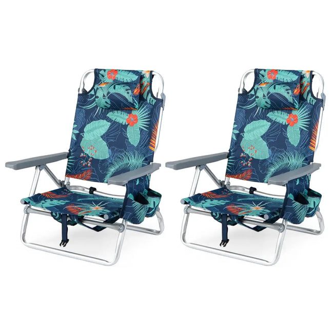 Beach Chairs Set of 2 Portable Folding Backpack Recliners with 5-Position Backrest and Padded Headrest-Green - Green