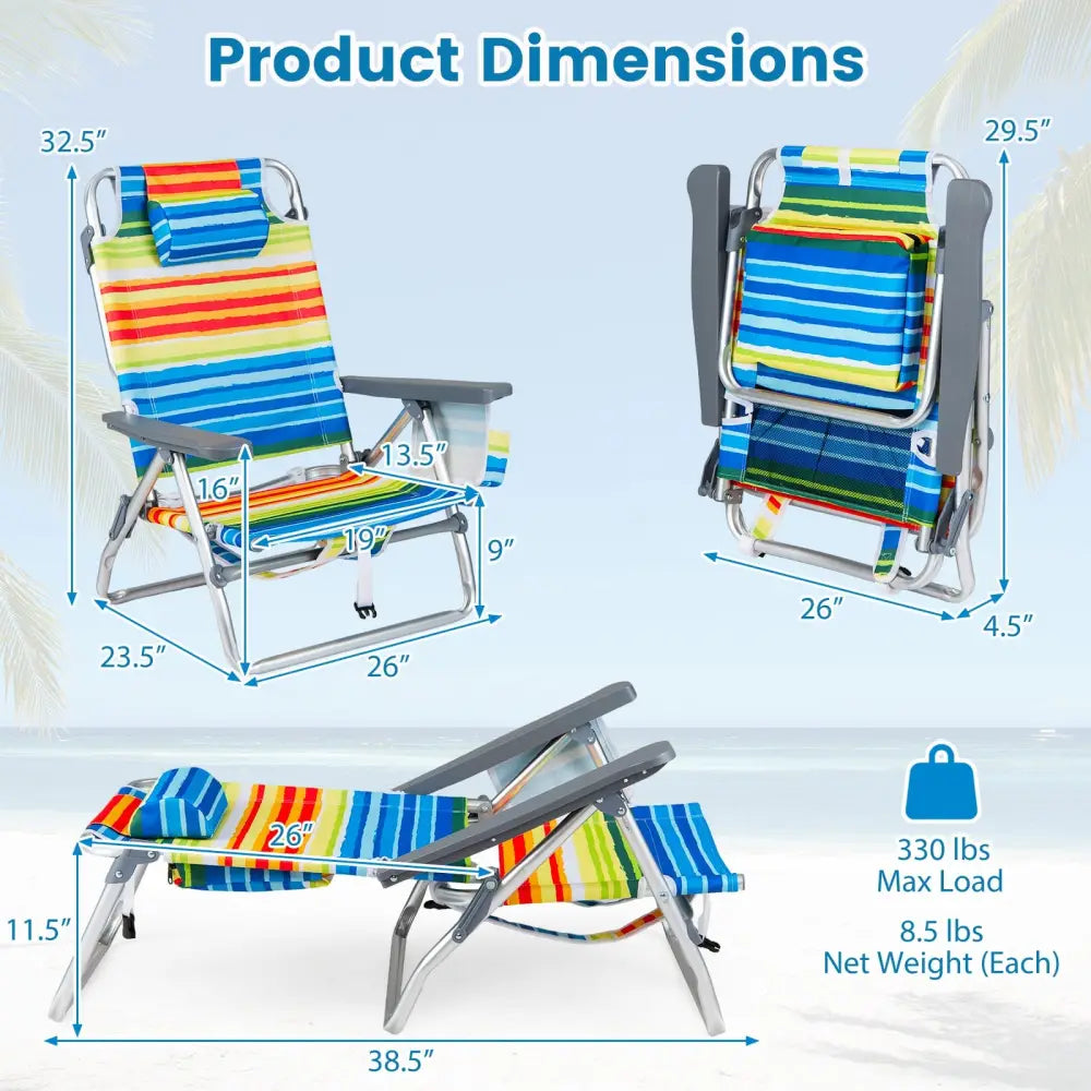 Beach Chairs Set of 2 Portable Folding Backpack Recliners with 5-Position Backrest and Padded Headrest-Yellow - Yellow