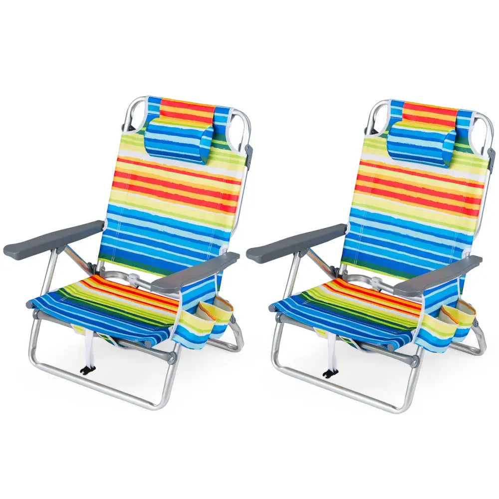 Beach Chairs Set of 2 Portable Folding Backpack Recliners with 5-Position Backrest and Padded Headrest-Yellow - Yellow