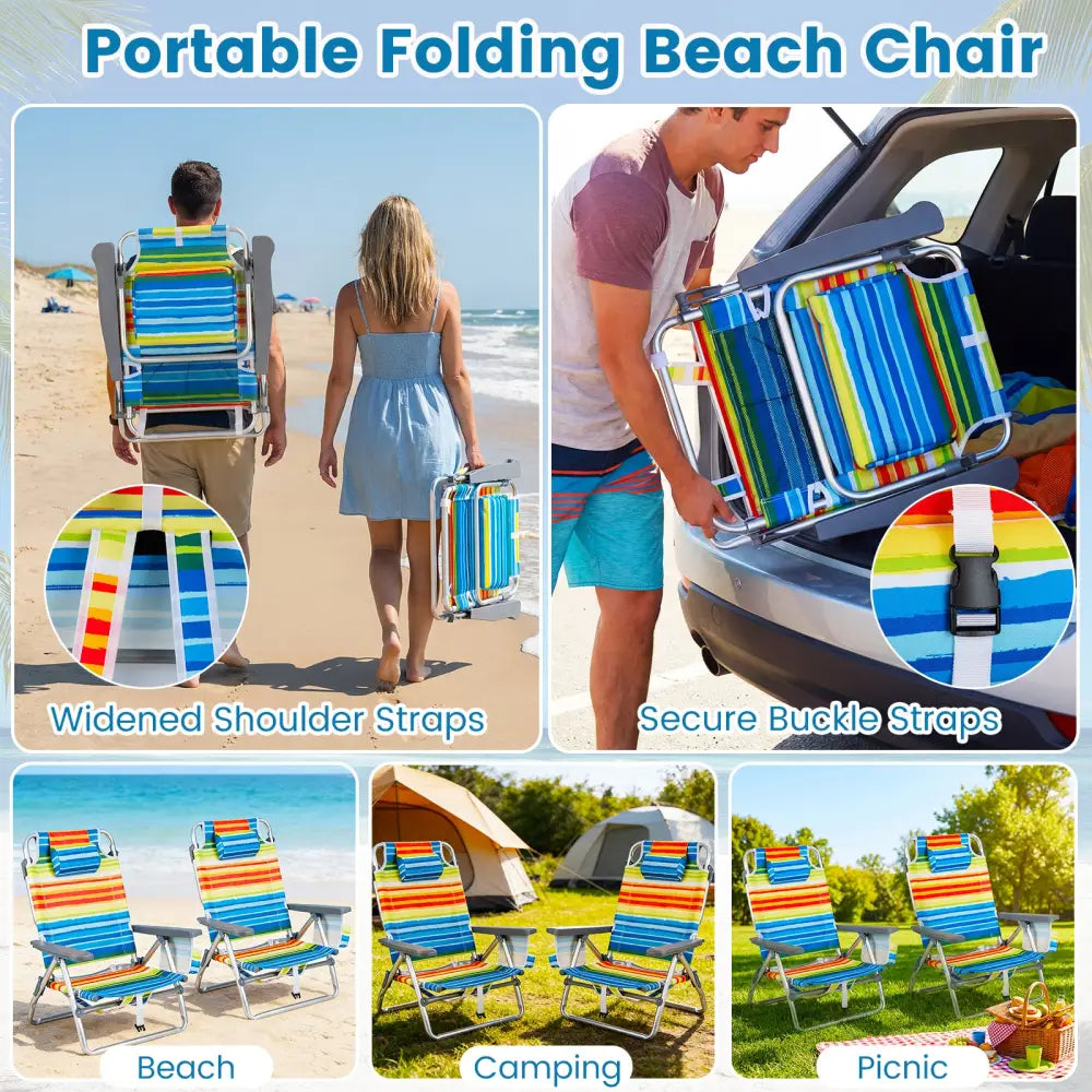 Beach Chairs Set of 2 Portable Folding Backpack Recliners with 5-Position Backrest and Padded Headrest-Yellow - Yellow