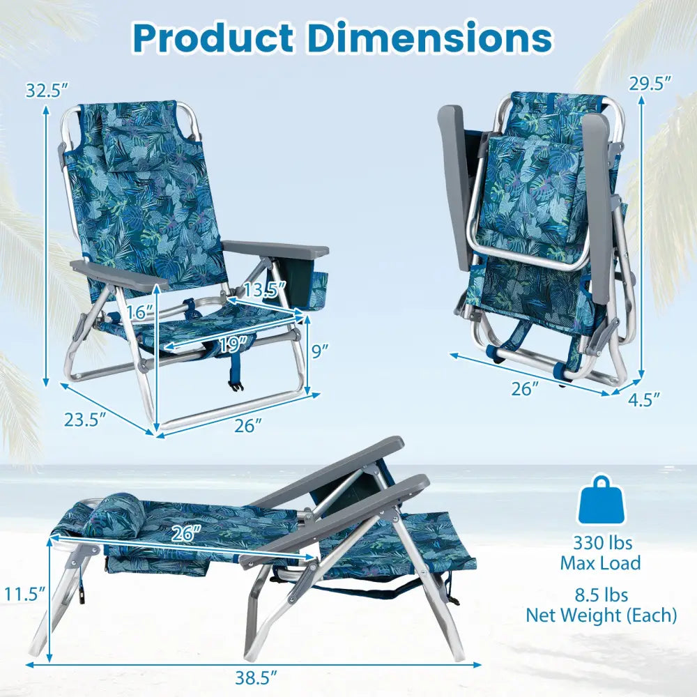 Beach Chairs Set of 2 Portable Folding Backpack Recliners with 5-Position Backrest and Padded Headrest-Peacock Blue