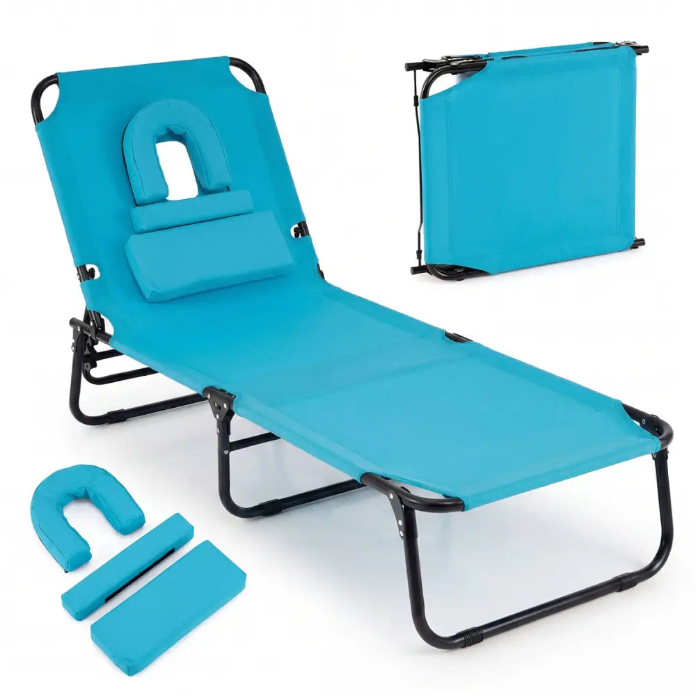 Beach Chaise Lounge Chair with Face Hole and Removable Pillow-Turquoise - Turquoise - Outdoor Chaise Lounges