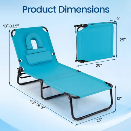 Beach Chaise Lounge Chair with Face Hole and Removable Pillow-Turquoise - Turquoise - Outdoor Chaise Lounges