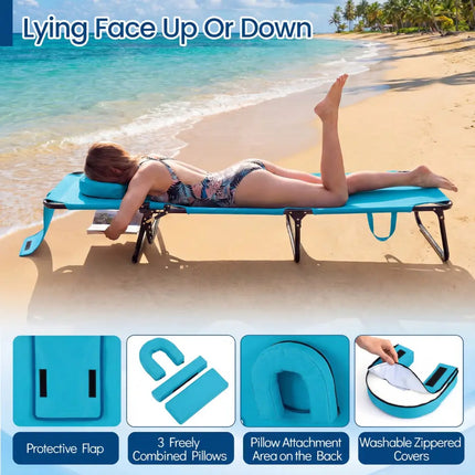 Beach Chaise Lounge Chair with Face Hole and Removable Pillow-Turquoise - Turquoise - Outdoor Chaise Lounges