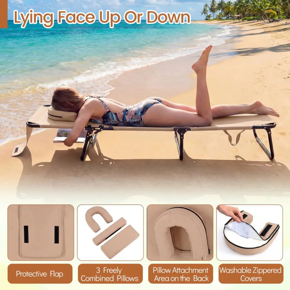 Beach Chaise Lounge Chair with Face Hole and Removable Pillow-Beige - Beige - Outdoor Chaise Lounges