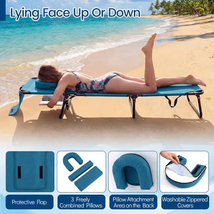 Beach Chaise Lounge Chair with Face Hole and Removable Pillow-Blue - Blue - Outdoor Chaise Lounges