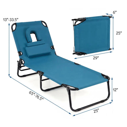Beach Chaise Lounge Chair with Face Hole and Removable Pillow-Blue - Blue - Outdoor Chaise Lounges