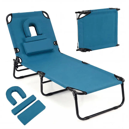 Beach Chaise Lounge Chair with Face Hole and Removable Pillow-Blue - Blue - Outdoor Chaise Lounges