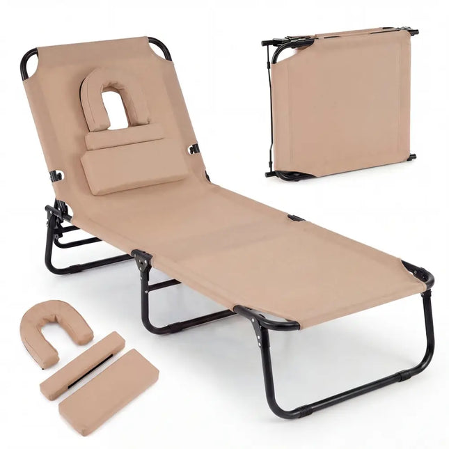 Beach Chaise Lounge Chair with Face Hole and Removable PillowBeige - Oasis Home Essentials