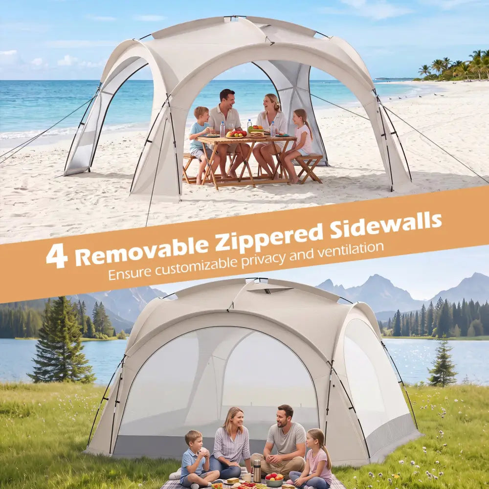 Beach Tent for 12-15 People Easy Setup Dome Canopy Tent with 4 Removable Zippered Sidewalls-Brown - Beige - Tents