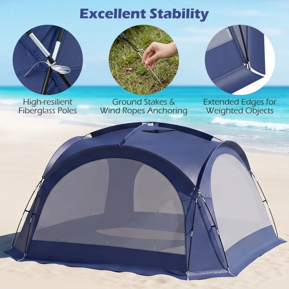 Beach Tent for 12-15 People Easy Setup Dome Canopy Tent with 4 Removable Zippered Sidewalls-Blue - Blue - Tents