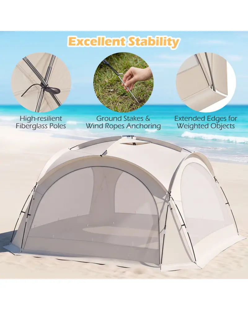 Beach Tent for 12-15 People Easy Setup Dome Canopy Tent with 4 Removable Zippered Sidewalls-Brown - Beige - Tents