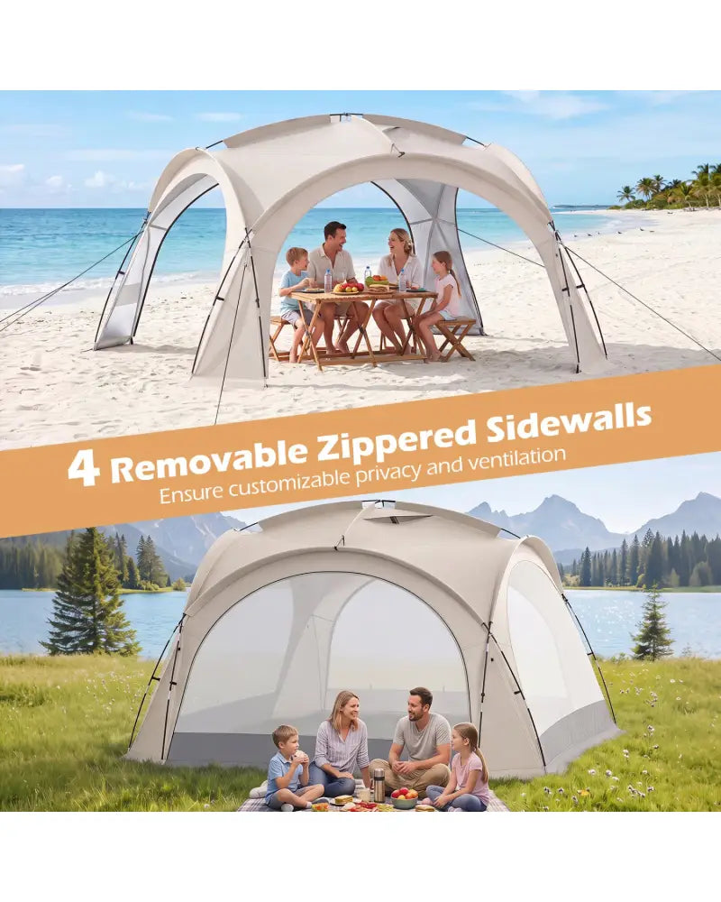 Beach Tent for 12-15 People Easy Setup Dome Canopy Tent with 4 Removable Zippered Sidewalls-Brown - Beige - Tents