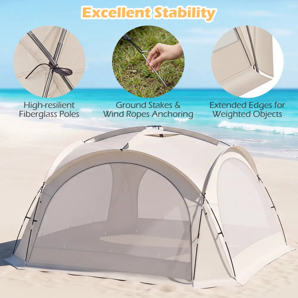 Beach Tent for 12-15 People Easy Setup Dome Canopy Tent with 4 Removable Zippered Sidewalls-Brown - Beige - Tents