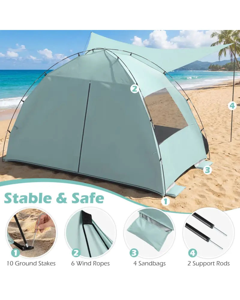 Beach Tent Sun Shelter with Canopy Easy Setup UPF50+ Sun Protection-Green - Green - Tents