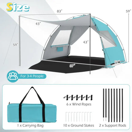 Beach Tent Sun Shelter with Canopy with Extended Floor and Vent Windows-Blue - Blue - Tents