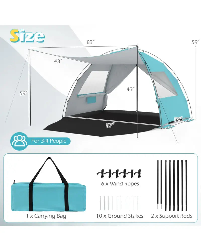 Beach Tent Sun Shelter with Canopy with Extended Floor and Vent Windows-Blue - Blue - Tents