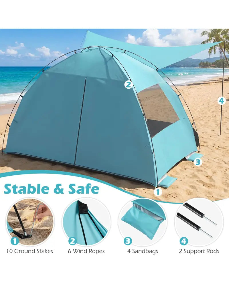 Beach Tent Sun Shelter with Canopy with Extended Floor and Vent Windows-Blue - Blue - Tents