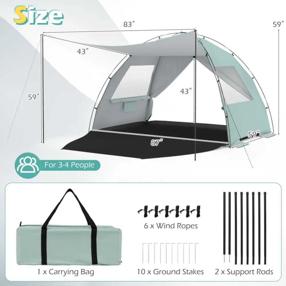 Beach Tent Sun Shelter with Canopy with Extended Floor and Vent Windows-Green - Green - Tents