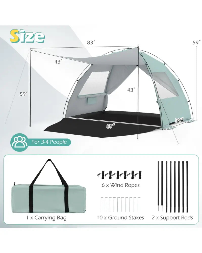 Beach Tent Sun Shelter with Canopy with Extended Floor and Vent Windows-Green - Green - Tents
