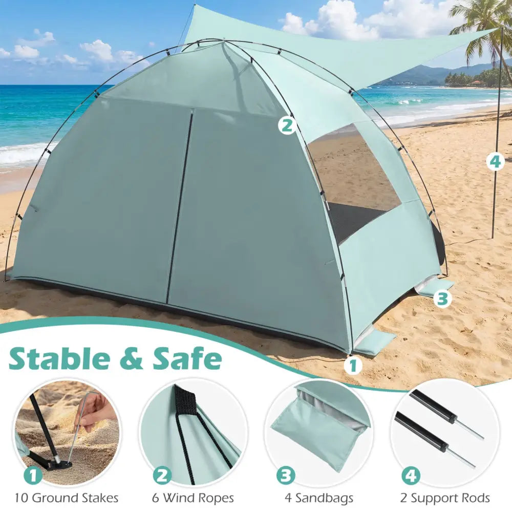 Beach Tent Sun Shelter with Canopy with Extended Floor and Vent Windows-Green - Green - Tents
