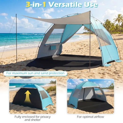 Beach Tent Sun Shelter with Canopy with Extended Floor and Vent Windows-Blue - Blue - Tents