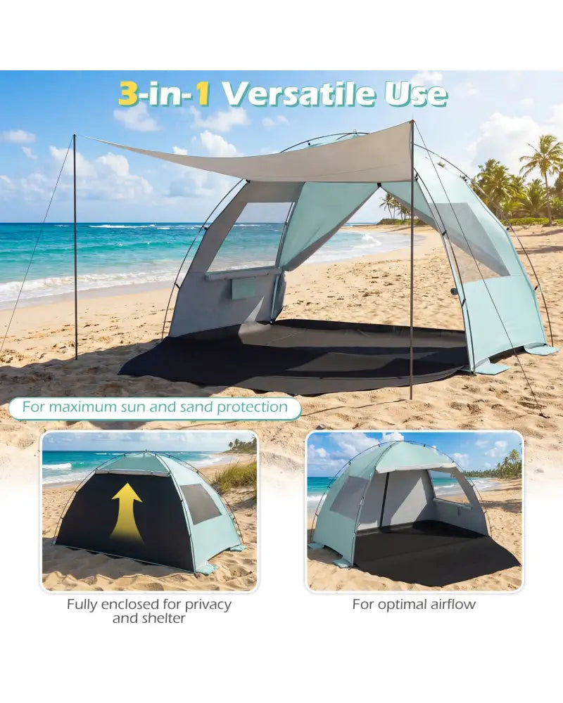 Beach Tent Sun Shelter with Canopy with Extended Floor and Vent Windows-Green - Green - Tents