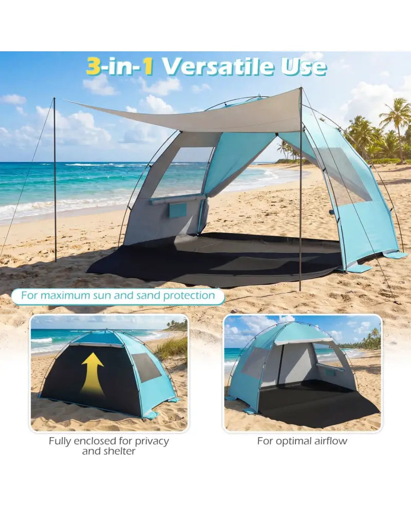 Beach Tent Sun Shelter with Canopy with Extended Floor and Vent Windows-Blue - Blue - Tents