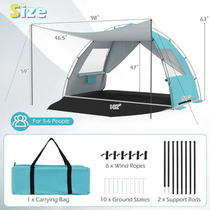 Beach Tent Sun Shelter with Canopy Pop-Up Easy Setup UPF50+ Sun Protection-Blue - Blue - Tents