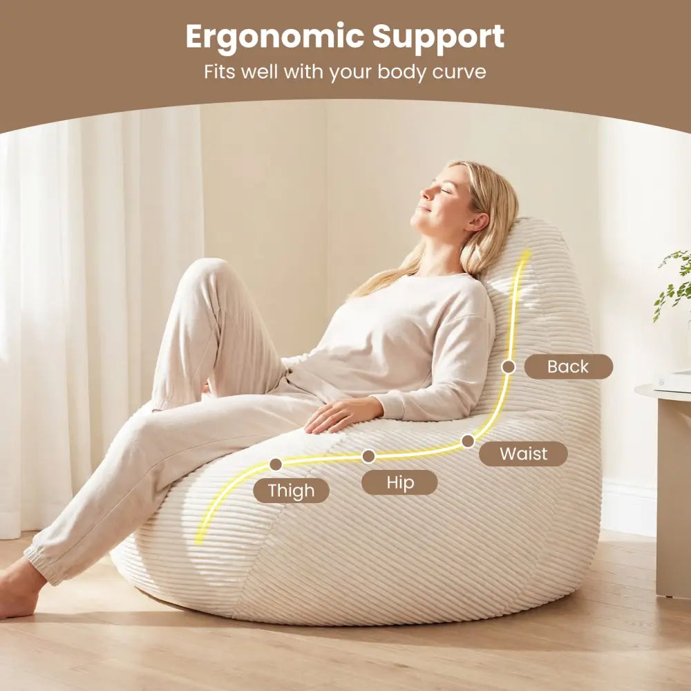 Bean Bag Chair for Adults Accent Lazy Sofa with Skin-friendly Corduroy Cover and Soft Sponge Filling-Off White