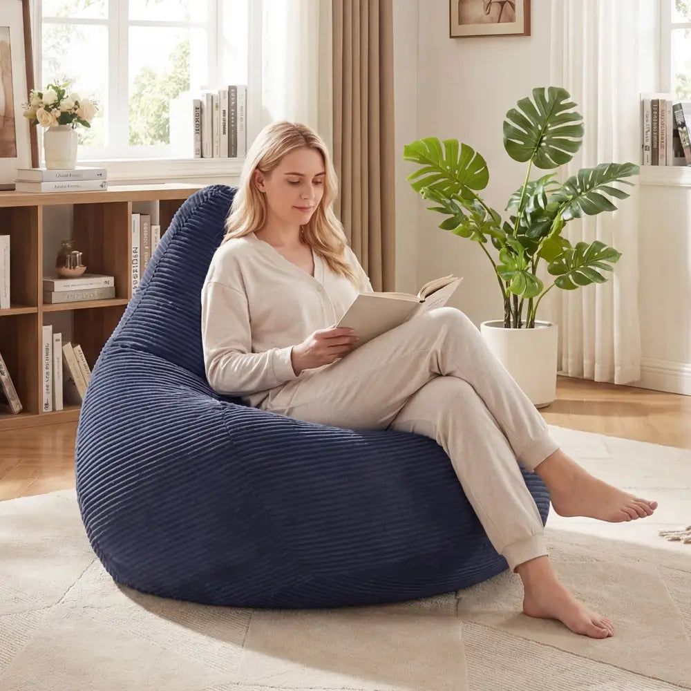 Bean Bag Chair for Adults Accent Lazy Sofa with Skin-friendly Corduroy Cover and Soft Sponge Filling-Blue - Blue