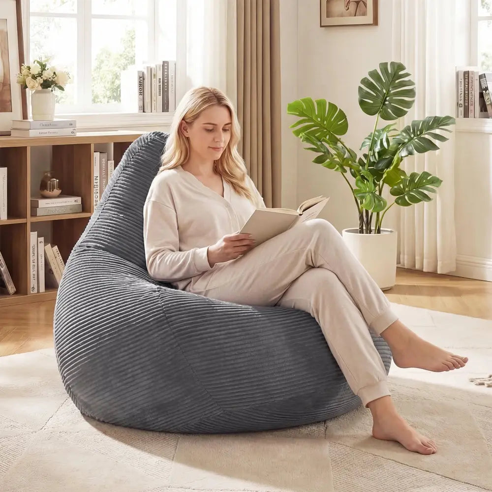 Bean Bag Chair for Adults Accent Lazy Sofa with Skin-friendly Corduroy Cover and Soft Sponge Filling-Dark Gray - Dark