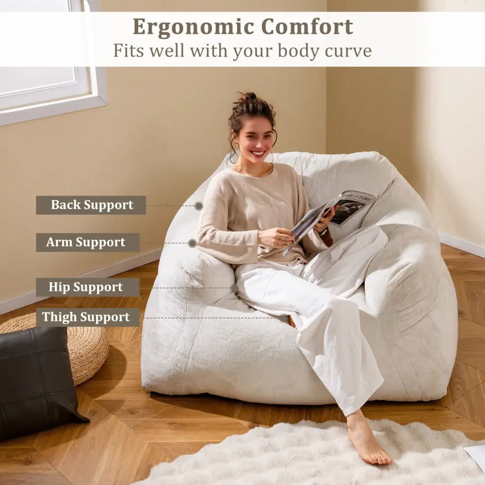 Bean Bag Chair Plush Lazy Sofa with Ultra-soft Velvet Cover-Beige - Beige - Floor Chairs