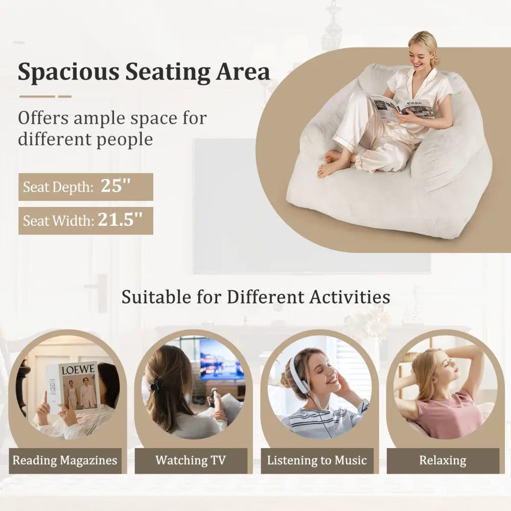 Bean Bag Chair Plush Lazy Sofa with Ultra-soft Velvet Cover-Beige - Beige - Floor Chairs
