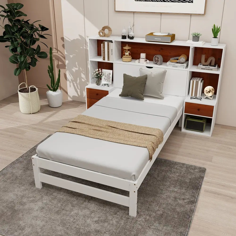 Bed Frame with Storage Headboard and Nightstands-Twin Size - White - Simple Bed Frame