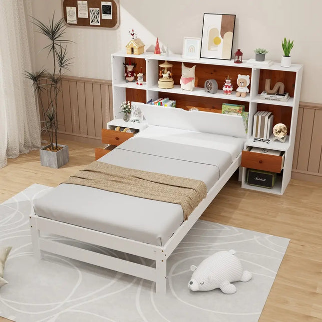 Bed Frame with Storage Headboard and Nightstands-Twin Size - White - Simple Bed Frame