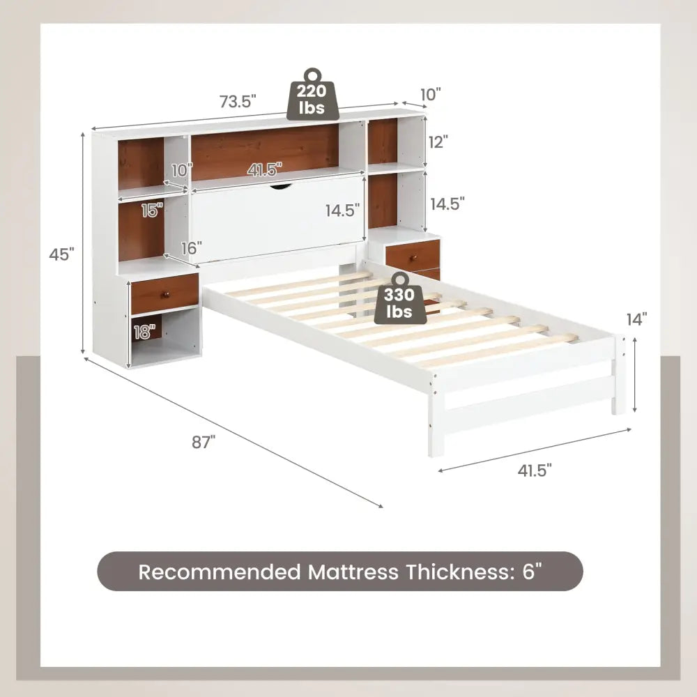 Bed Frame with Storage Headboard and Nightstands-Twin Size - White - Simple Bed Frame