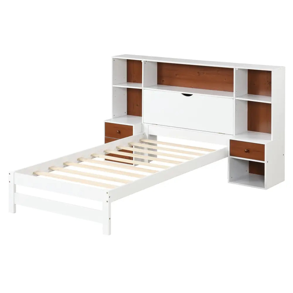 Bed Frame with Storage Headboard and Nightstands-Twin Size - White - Simple Bed Frame