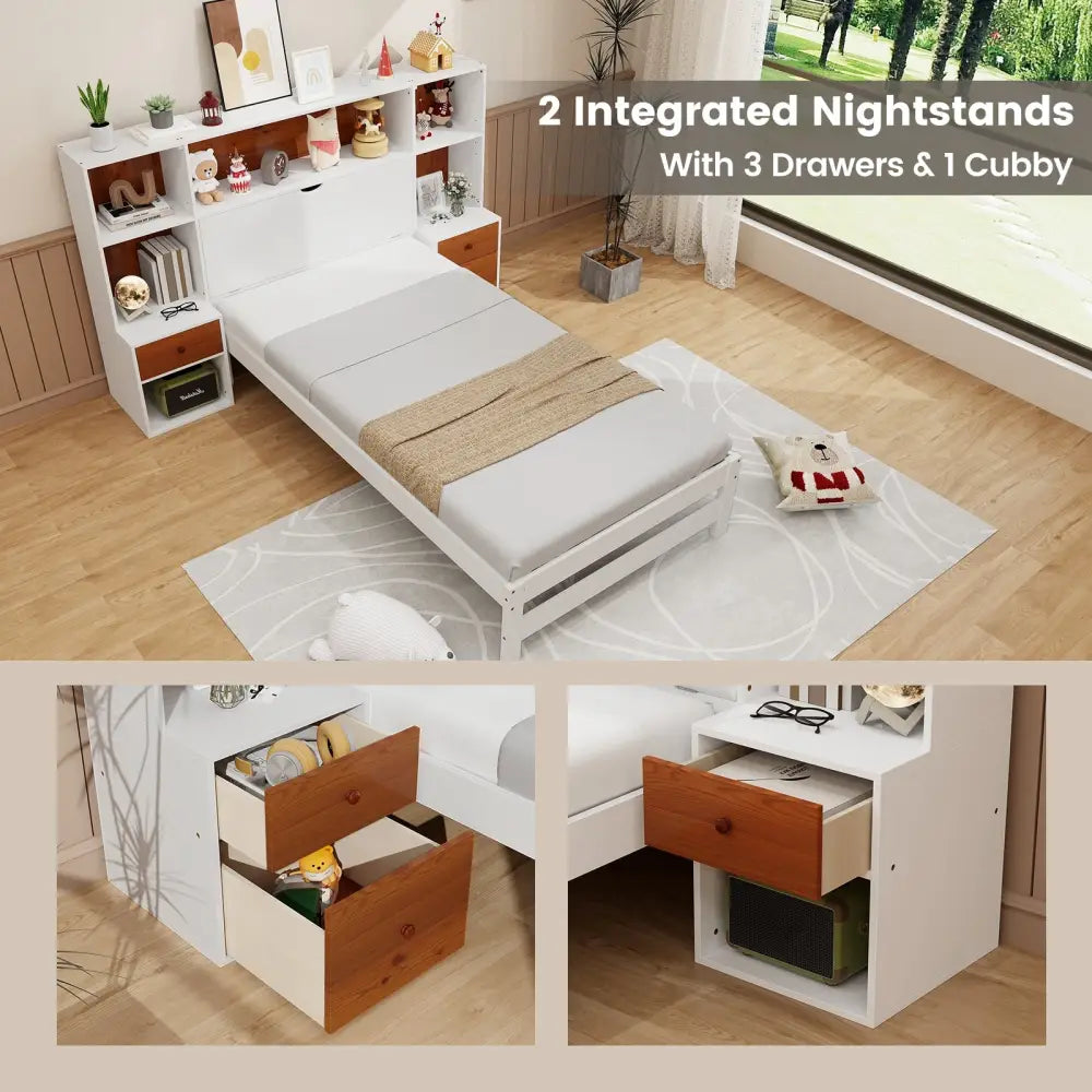 Bed Frame with Storage Headboard and Nightstands-Twin Size - White - Simple Bed Frame