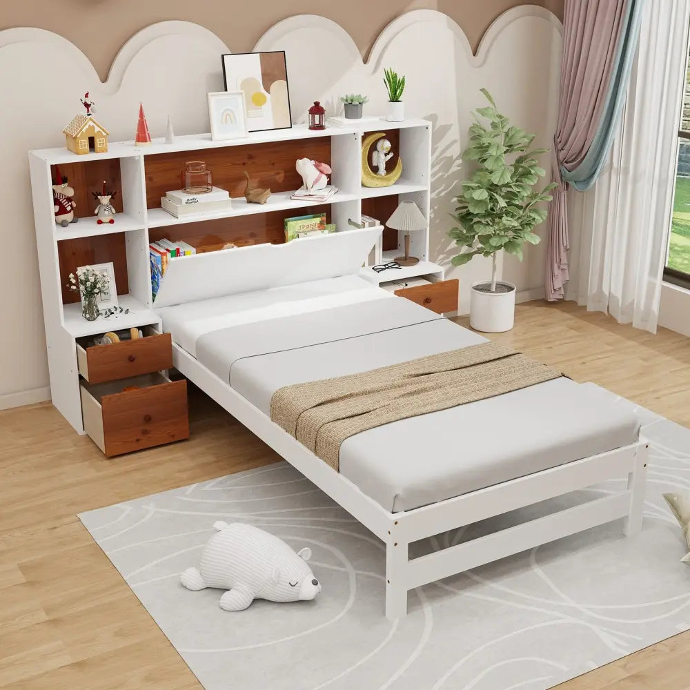 Bed Frame with Storage Headboard and Nightstands-Twin Size - White - Simple Bed Frame