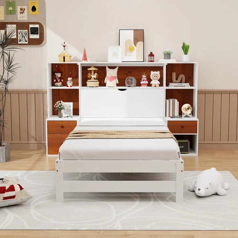 Bed Frame with Storage Headboard and Nightstands-Twin Size - White - Simple Bed Frame