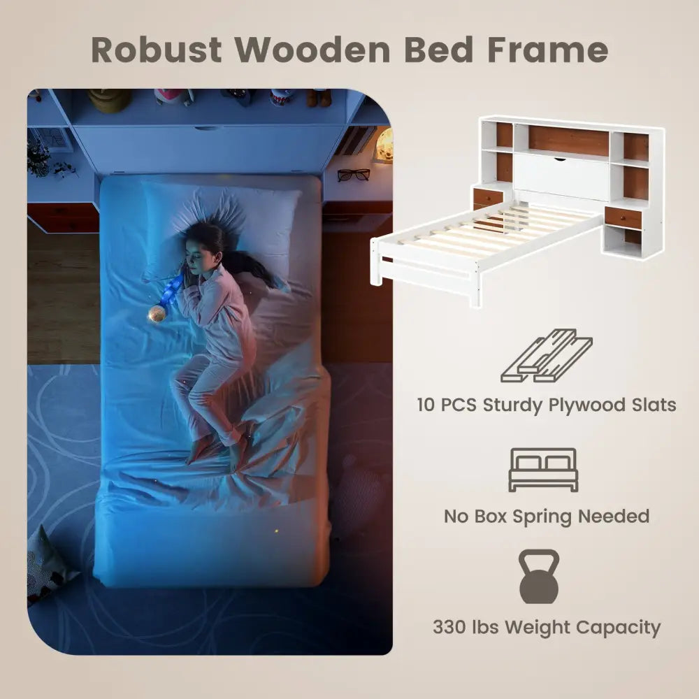 Bed Frame with Storage Headboard and Nightstands-Twin Size - White - Simple Bed Frame