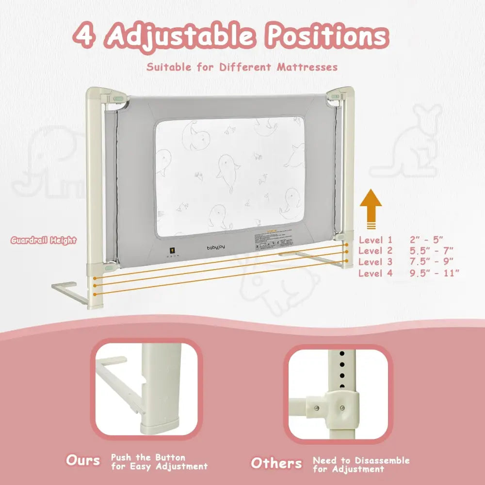 Bed Rail Guard for Toddlers Kid with Adjustable Height and Safety Lock-59 inch - Gray - Bed Rails