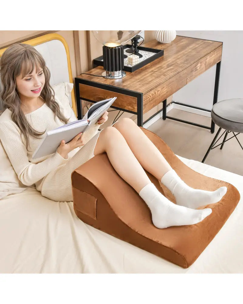 Bed Wedge Pillow with Tablet Pillow Stand and Side Pockets-Brown - Brown - Bedding