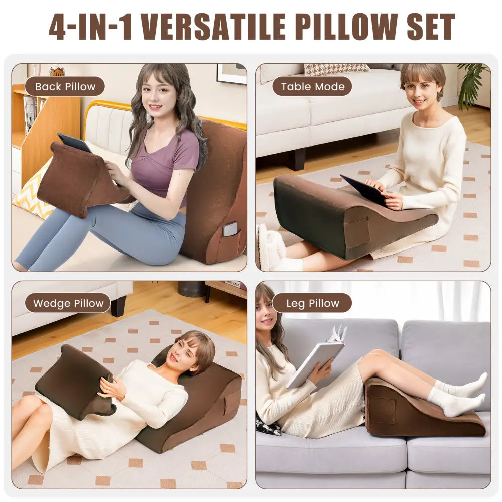 Bed Wedge Pillow with Tablet Pillow Stand and Side Pockets-Brown - Brown - Bedding
