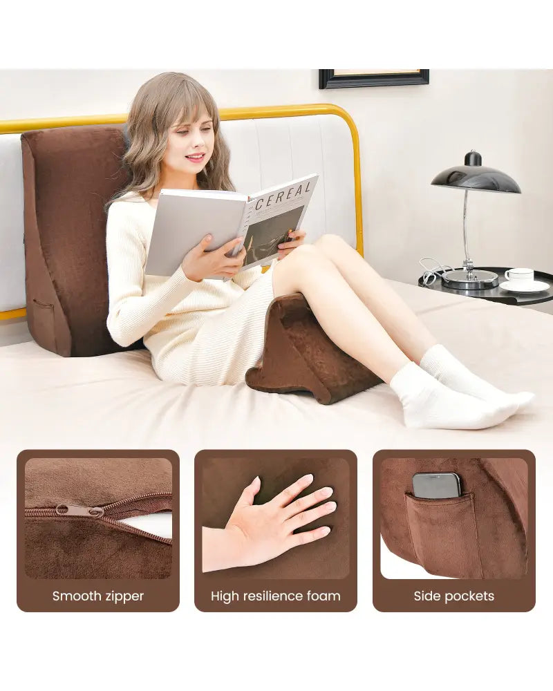 Bed Wedge Pillow with Tablet Pillow Stand and Side Pockets-Brown - Brown - Bedding